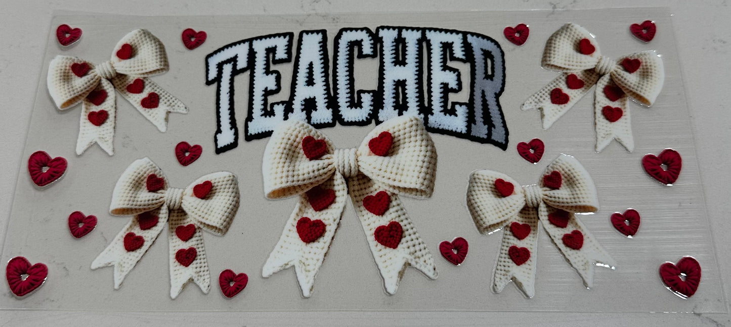 Crocheted Teacher With White Nows & Red Hearts 