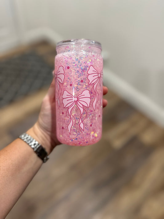 RTS-Premade-16oz Acrylic-Fast Flow, Pink Bows With Glitter