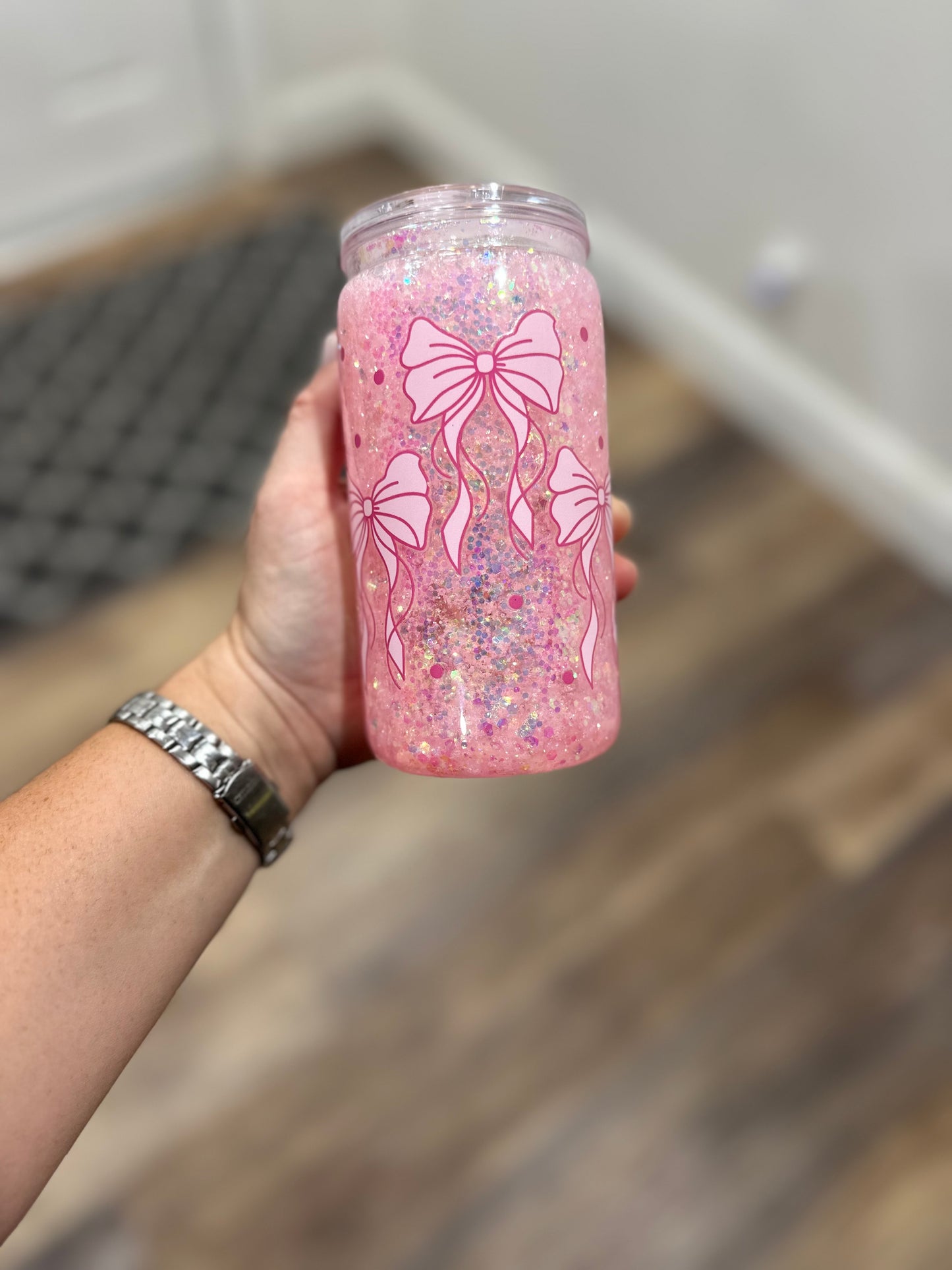 RTS-Premade-16oz Acrylic- Medium Flow, Pink Bows With Glitter