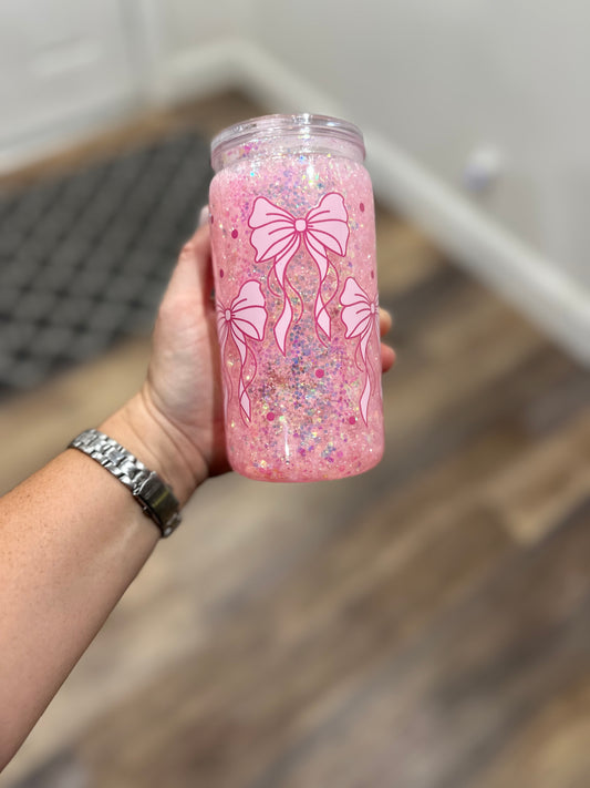 RTS-Premade-16oz Acrylic- Medium Flow, Pink Bows With Glitter
